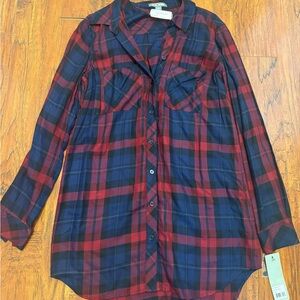 Plaid Button-Up Tunic - Red and Blue